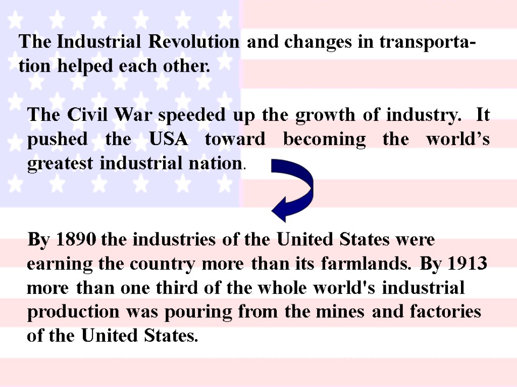 The Civil War speeded up the growth of industry. It pushed the USA toward